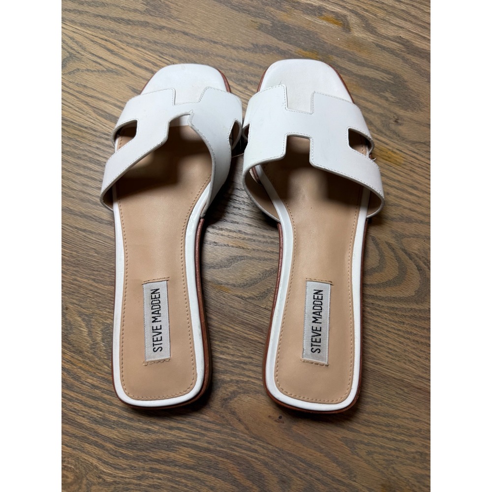 Steve Madden Hadyn White Leather H-Strap Flat Slide Sandals Womens 9